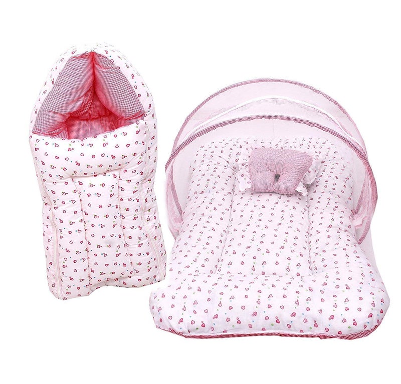 FARETO Baby Gift Pack Set Mattress with Net & Sleeping Bag(0-6 Months) Pink - Image 1