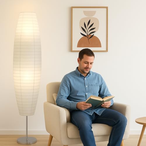 LIGHTACCENTS 59-Inch Rice Paper Floor Lamp – Japanese-Style Lantern with White Paper Shade, Modern Standing Lamp for Living Room, Bedroom, Office, Soft Ambient Lighting for Home Décor - Image 3