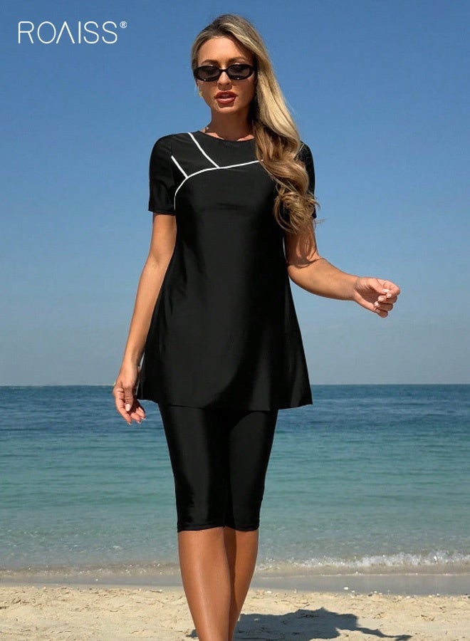roaiss Women's Two-Piece Long-Sleeved Five-Quarter Length Swimsuit Conservative Style Set Featuring High Elasticity Fabric Offers Sun Protection, Built-in Bra Pads for Support, and Quick-Dry Breathable Comfort Perfect for Surfing, Swimming, and Beach Activities Black - Image 2