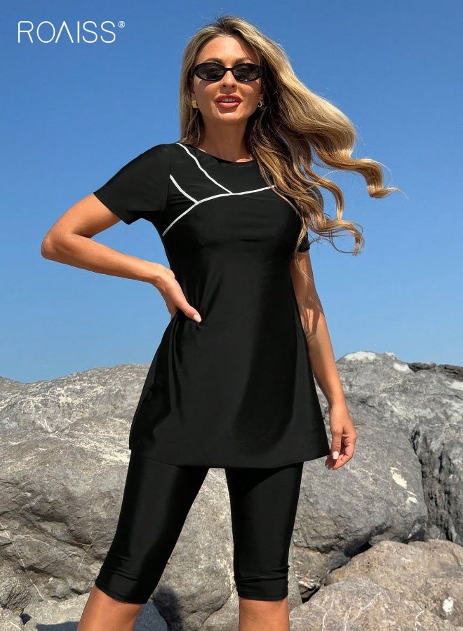 roaiss Women's Two-Piece Long-Sleeved Five-Quarter Length Swimsuit Conservative Style Set Featuring High Elasticity Fabric Offers Sun Protection, Built-in Bra Pads for Support, and Quick-Dry Breathable Comfort Perfect for Surfing, Swimming, and Beach Activities Black - Image 4