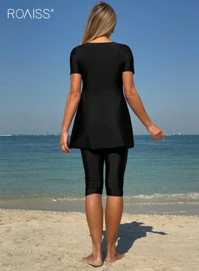 roaiss Women's Two-Piece Long-Sleeved Five-Quarter Length Swimsuit Conservative Style Set Featuring High Elasticity Fabric Offers Sun Protection, Built-in Bra Pads for Support, and Quick-Dry Breathable Comfort Perfect for Surfing, Swimming, and Beach Activities Black - Image 5