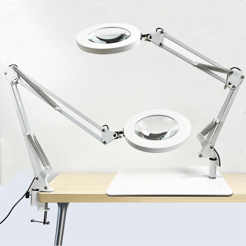 Moonmen 10X Magnifying Glass With Light, Stepless Dimmable Led Desk Lamp With 3 Colors Mode, Glass Lens Led Magnifying Desk Lamp & Clamp, Magnifier Light & Stand For Crafts Welding Close Work (White) - Image 1