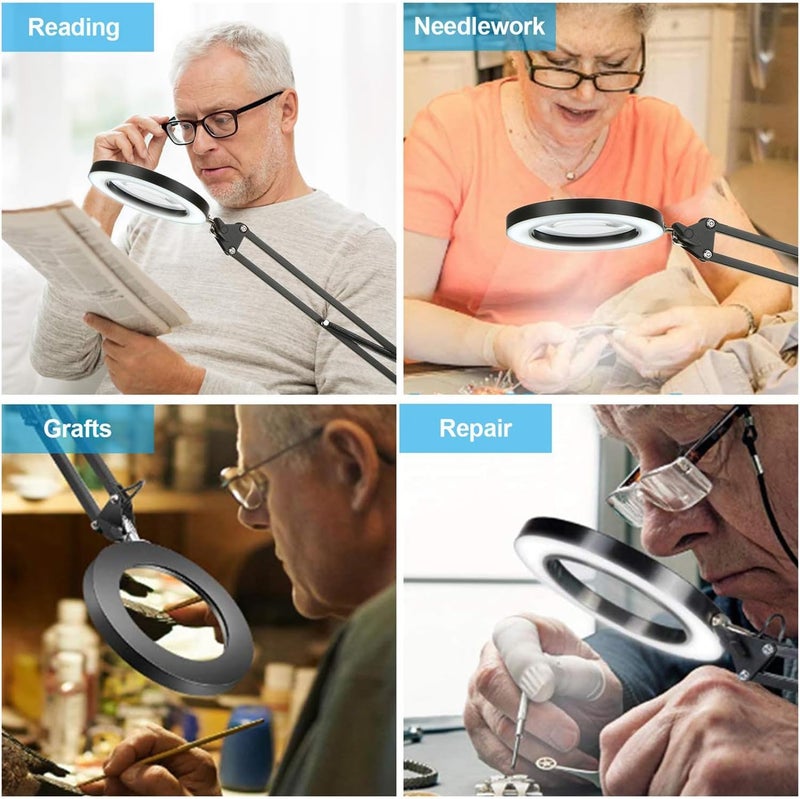 Moonmen 10X Magnifying Glass With Light, Stepless Dimmable Led Desk Lamp With 3 Colors Mode, Glass Lens Led Magnifying Desk Lamp & Clamp, Magnifier Light & Stand For Crafts Welding Close Work (White) - Image 5