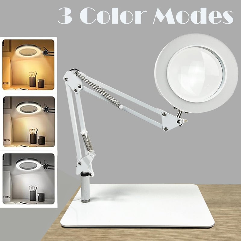 Moonmen 10X Magnifying Glass With Light, Stepless Dimmable Led Desk Lamp With 3 Colors Mode, Glass Lens Led Magnifying Desk Lamp & Clamp, Magnifier Light & Stand For Crafts Welding Close Work (White) - Image 2