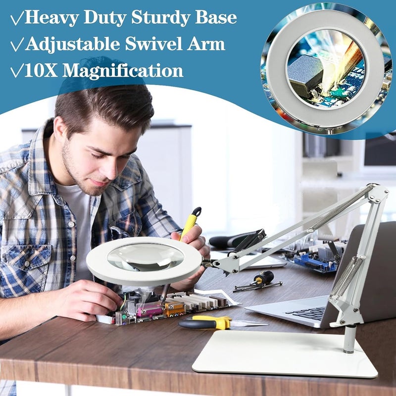 Moonmen 10X Magnifying Glass With Light, Stepless Dimmable Led Desk Lamp With 3 Colors Mode, Glass Lens Led Magnifying Desk Lamp & Clamp, Magnifier Light & Stand For Crafts Welding Close Work (White) - Image 4