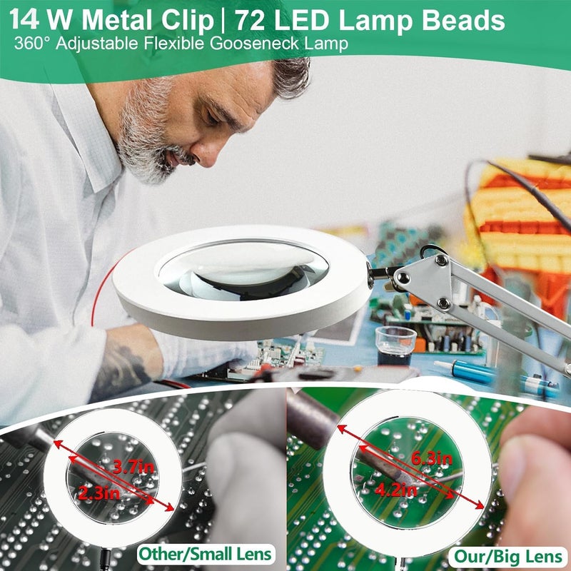 Moonmen 10X Magnifying Glass With Light, Stepless Dimmable Led Desk Lamp With 3 Colors Mode, Glass Lens Led Magnifying Desk Lamp & Clamp, Magnifier Light & Stand For Crafts Welding Close Work (White) - Image 3