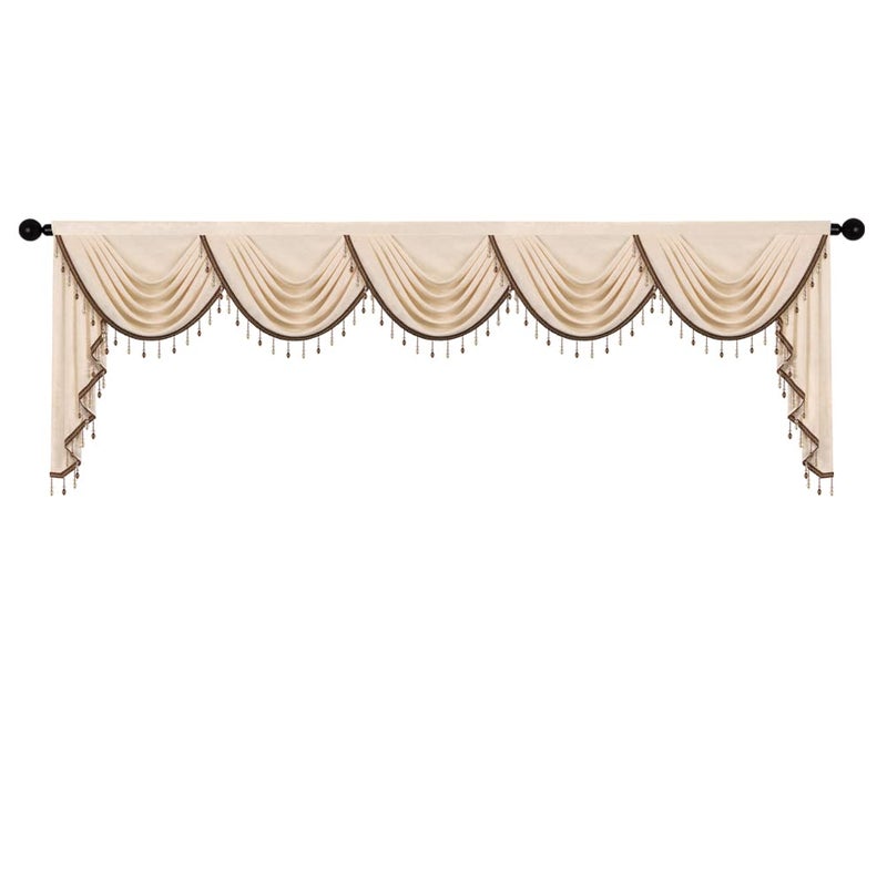 ELKCA Thick Chenille Window Curtains Valance for Living Room Beige Valance with Beads for Bedroom Rod Pocket W138inch1 Panel