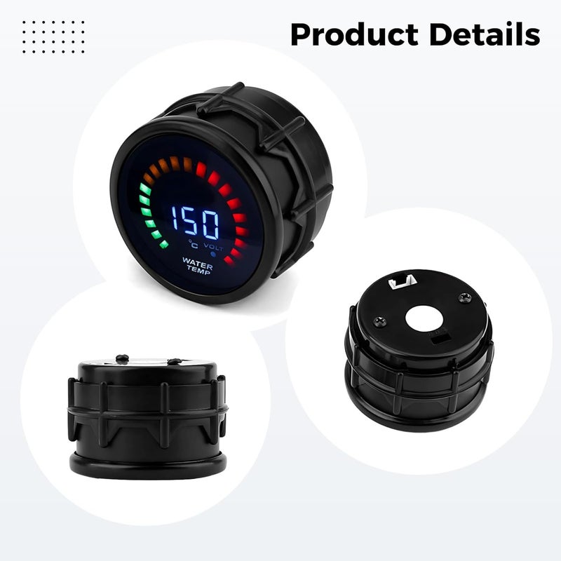 12V Car Water Temp Gauge, 52 Mm Led, Real-Time Display, Easy Install, Universal Fit, Black - Image 2