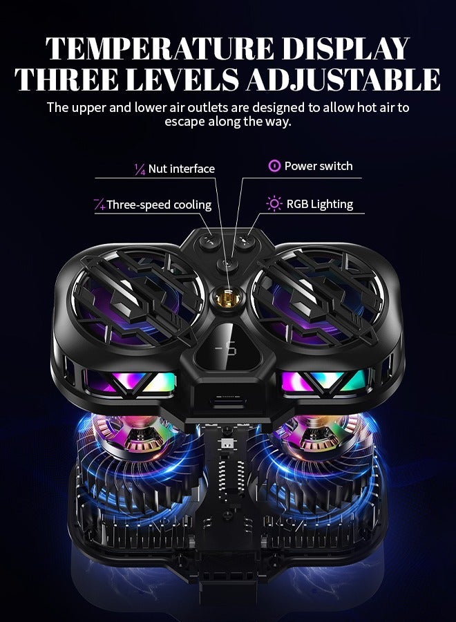 مبرد الهاتف المحمول RGB مع عرض درجة الحرارة في الوقت الفعلي وضبط سرعة الرياح بثلاث مستويات، مبرد الهاتف المحمول القابل للسحب مع شريحة تبريد ثنائية النواة عالية الكفاءة، مناسب للألعاب ومقاطع الفيديو والبث المباشر والملاحة، أسود - Image 4