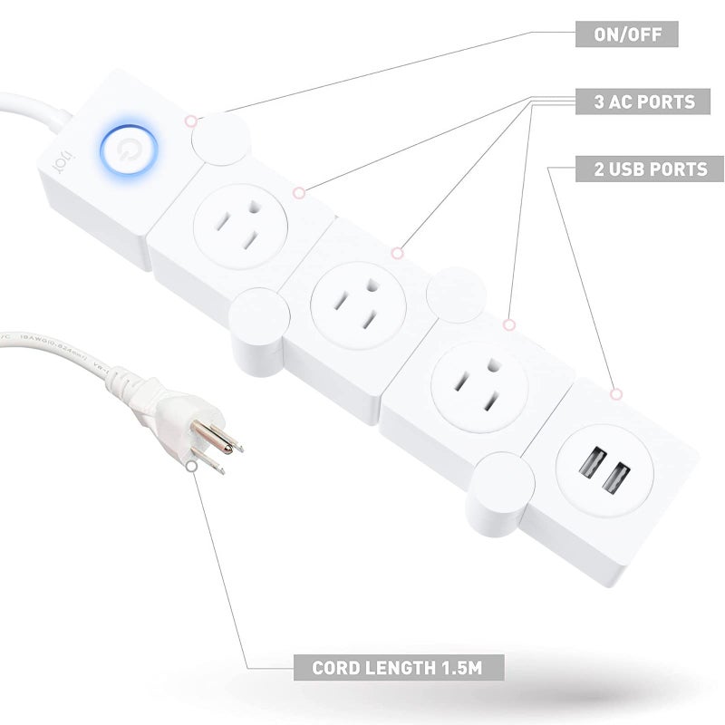 iJoy Flexible Power Strip - 3 AC Outlets and 2 USB Charging Ports with 5 Ft Extension Cord, Power Strip Surge Protector White, Decorative Surge Protector Outlet Extender for Home, Office, and More - Image 2