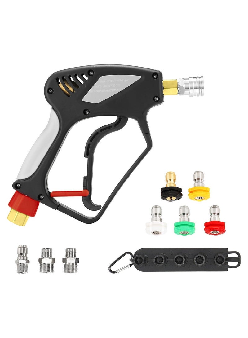 Pressure Washer Gun with Swivel, Short Power Washer Gun with 3/8” Quick Connector, M22 14mm /15mm Fitting, 5 Pressure Washer Nozzle Tips with Holder, 5000 PSI Black  - Image 1
