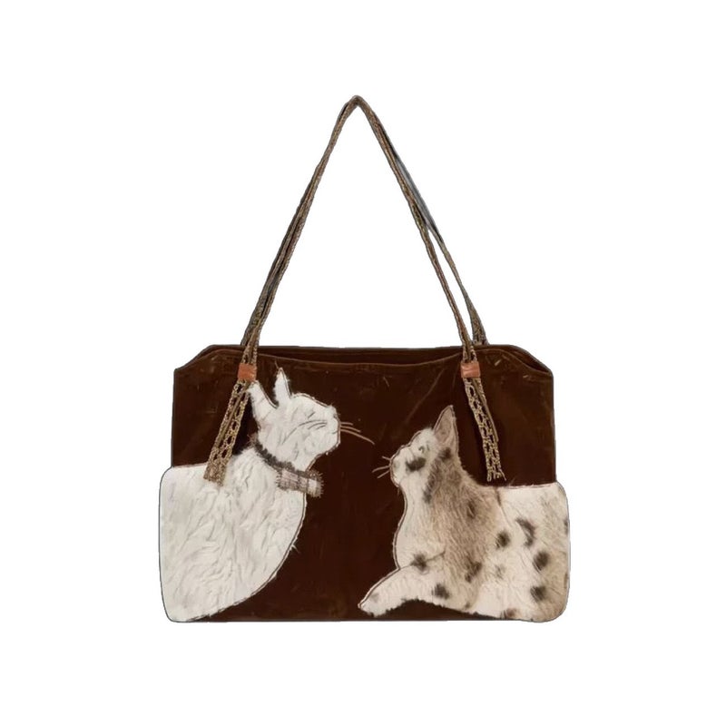 Rongrong Cat Dialogue Eco-friendly Fur Embroidered Tote Shoulder Bag T7 - Image 1