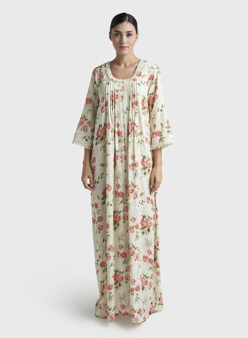 كشخة Strawberry Pink Floral Print Rayon Long Nightwear Dress (CNH494)