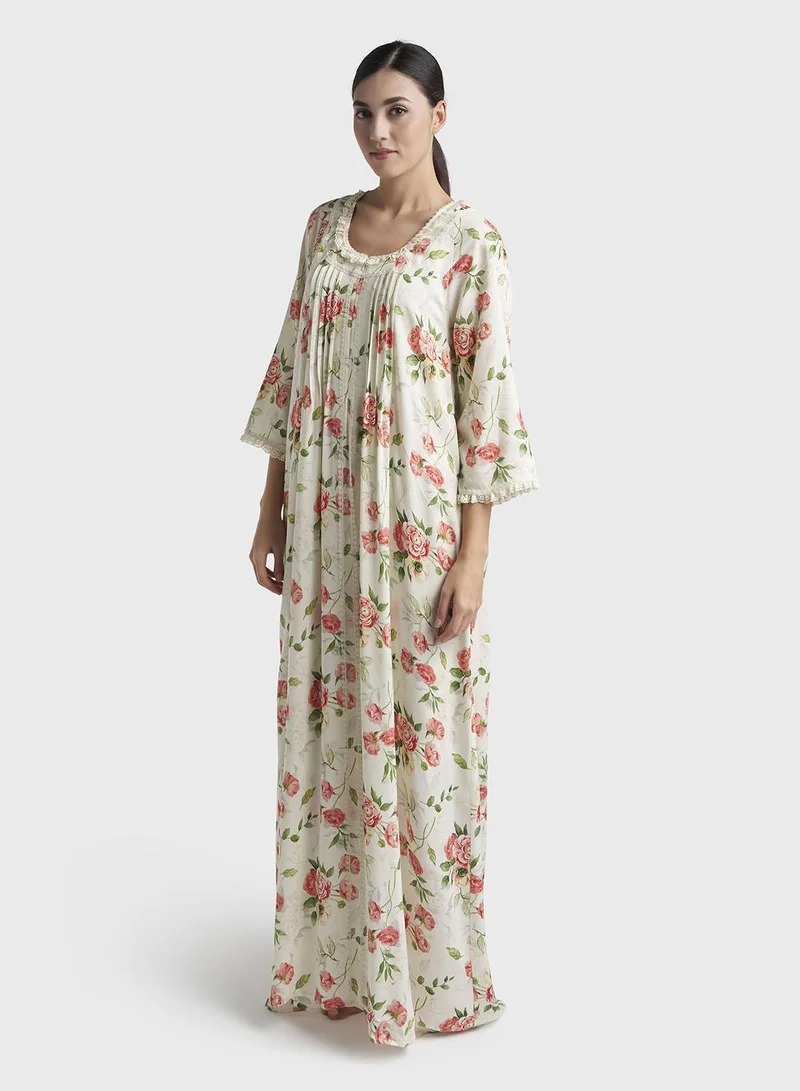 Kashkha  Strawberry Pink Floral Print Rayon Long Nightwear Dress (CNH494) for Women | Best Price UAE