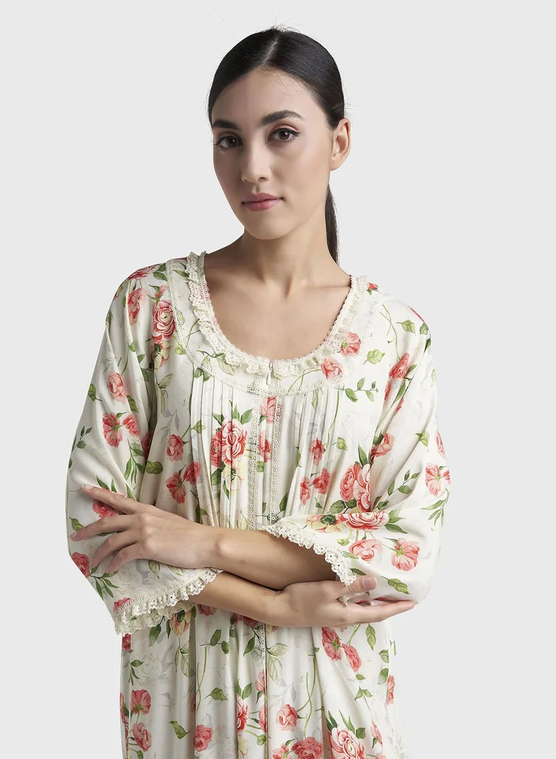 كشخة Strawberry Pink Floral Print Rayon Long Nightwear Dress (CNH494)
