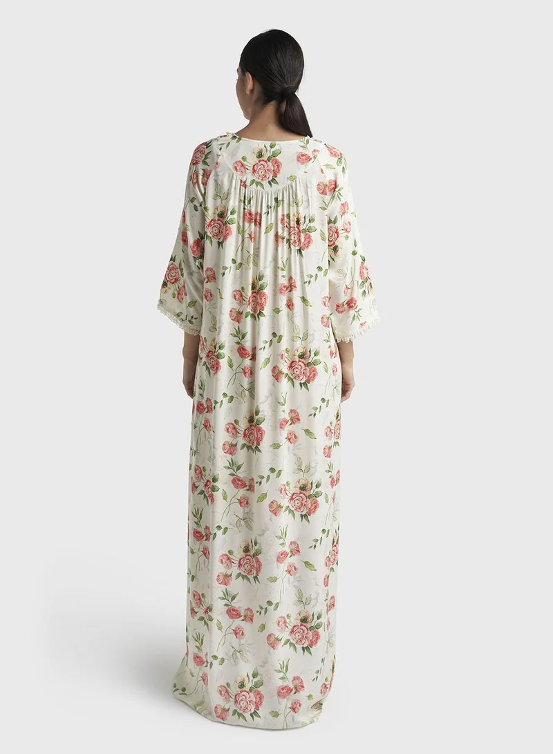 Kashkha  Strawberry Pink Floral Print Rayon Long Nightwear Dress (CNH494) for Women | Best Price UAE