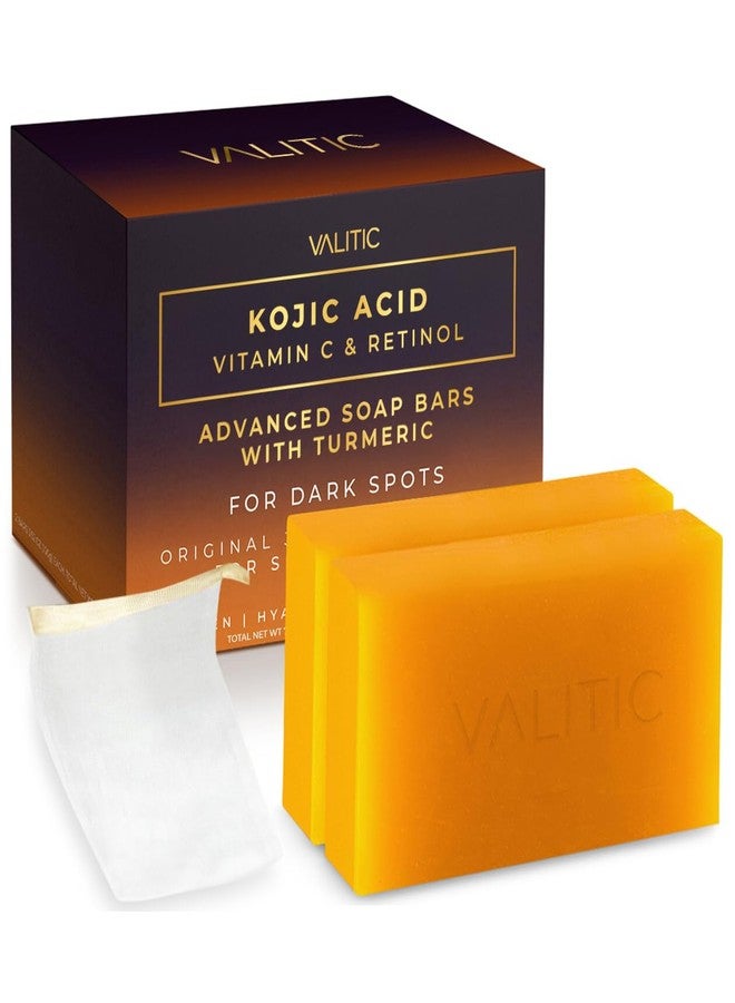 VALITIC Kojic Acid Vitamin C and Retinol Soap Bars with Turmeric for Dark Spot - Original Japanese Complex Infused with Collagen, Hyaluronic Acid, Vitamin E (2 Pack) - With Scrub Bag - Image 1
