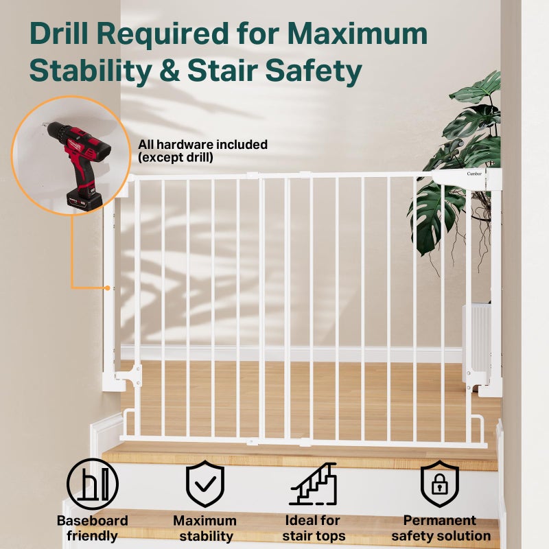 Cumbor 29.2â€“43" Baby Gate for Stairs, Wall-Mounted (Drill Required), Expandable No Bottom Bar Dog Gate, Auto Close Extra Wide Walk Thru, Pet & Toddler Proof Gate, Top & Bottom of Stairways (White) - Image 4