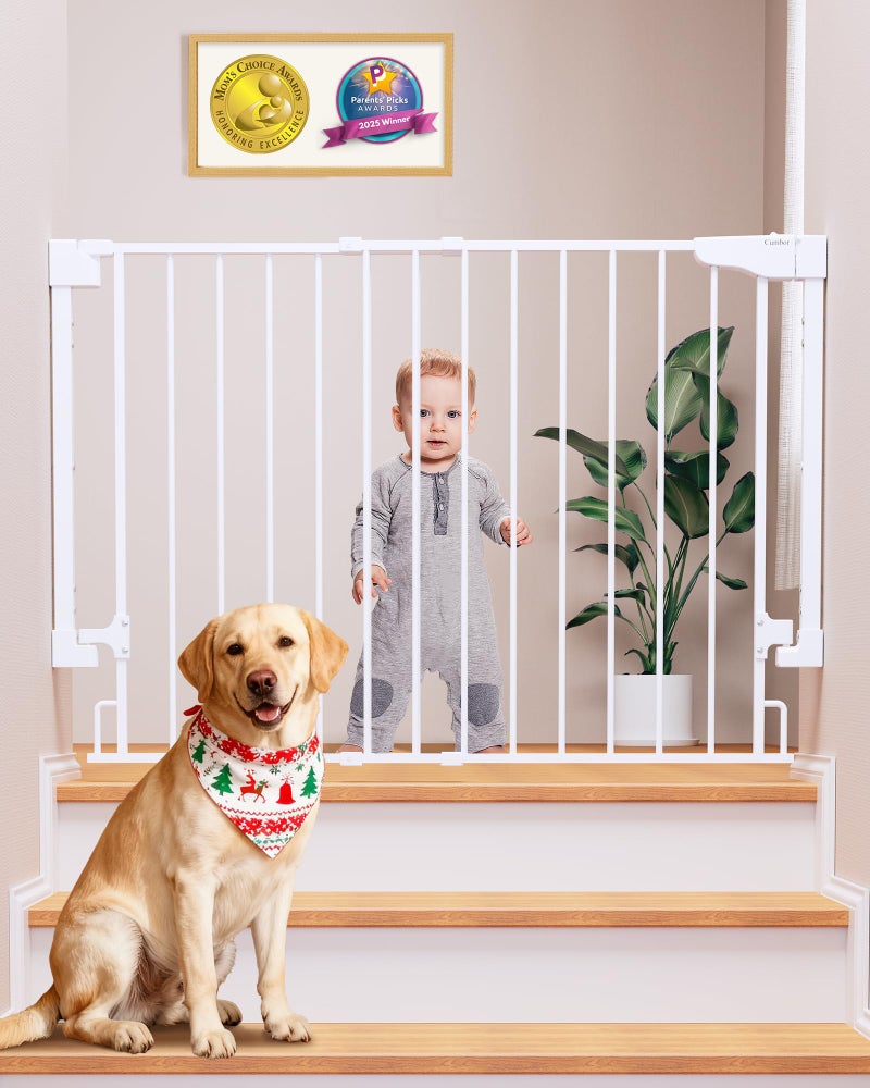 Cumbor 29.2â€“43" Baby Gate for Stairs, Wall-Mounted (Drill Required), Expandable No Bottom Bar Dog Gate, Auto Close Extra Wide Walk Thru, Pet & Toddler Proof Gate, Top & Bottom of Stairways (White) - Image 1