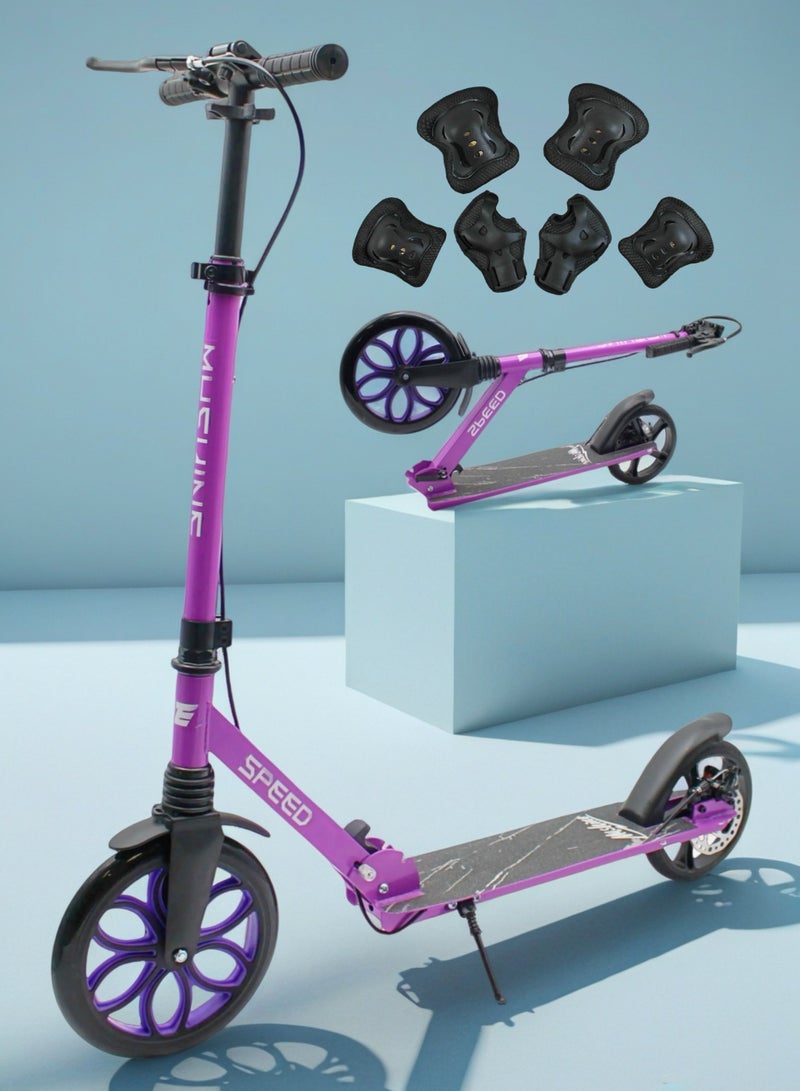 إيزي فيتشور سكوتر إيزي فيوتشر للأطفال من سن 7 إلى 14 عامًا، سكوتر ركل قابل للطي بعجلة كبيرة ومقود قابل للتعديل وفرامل خلفية، بما في ذلك مجموعة معدات الحماية - Image 1