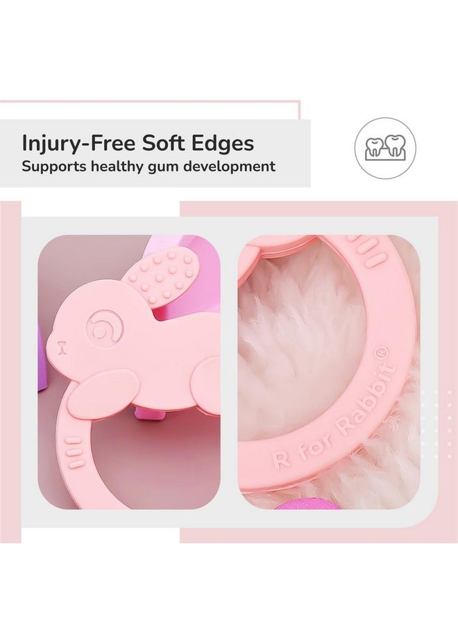 أر فور رابيت - لعبة عضاضة على شكل أرنب صغيرة للأطفال بعمر 4 أشهر فما فوق من R for Rabbit Tiny Bites Zoobie مصنوعة من السيليكون الناعم الآمن غذائيًا والخالي من مادة BPA (وردي) - Image 1