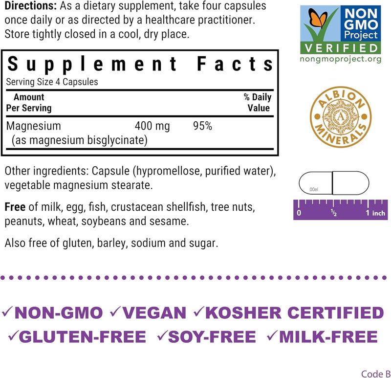 Bluebonnet Nutrition Magnesium Glycinate 400mg Maximum Absorption Mineral Complex Supports Energy Production  Enzyme Function  NonGMO SoyFree GlutenFree  120 Veggie Capsules - Image 2