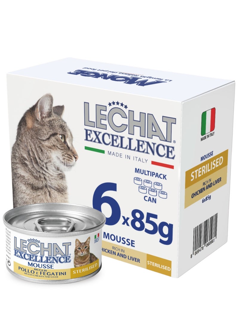 Monge Lechat Excellence by Monge | Sterilized Cat Wet Food Rich in Chicken and Liver | Super Premium Complete Wet Cat Food | Mousse in Can | Pack of 6 - Image 1