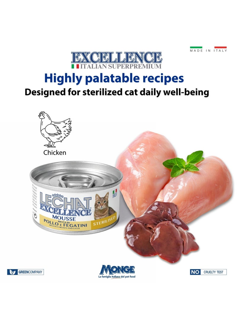 Monge Lechat Excellence by Monge | Sterilized Cat Wet Food Rich in Chicken and Liver | Super Premium Complete Wet Cat Food | Mousse in Can | Pack of 6 - Image 3