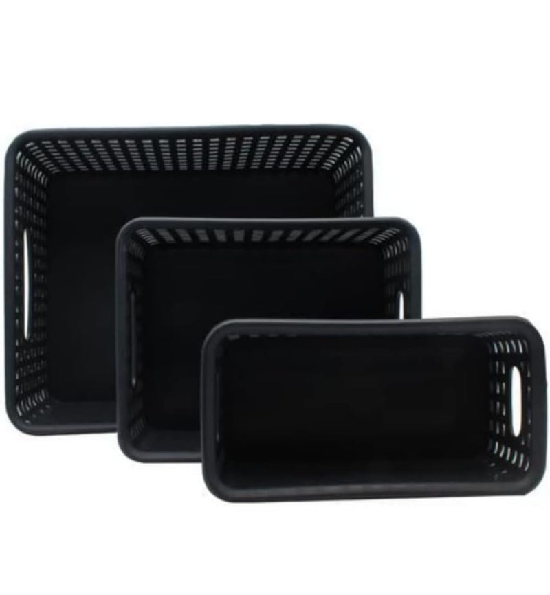 Hard MultiPurpose Storage basket With Handles Storage Boxes For FruitsToysspicesclothskitchen Storage Baskets pack of 3 combo set Black  - Image 3