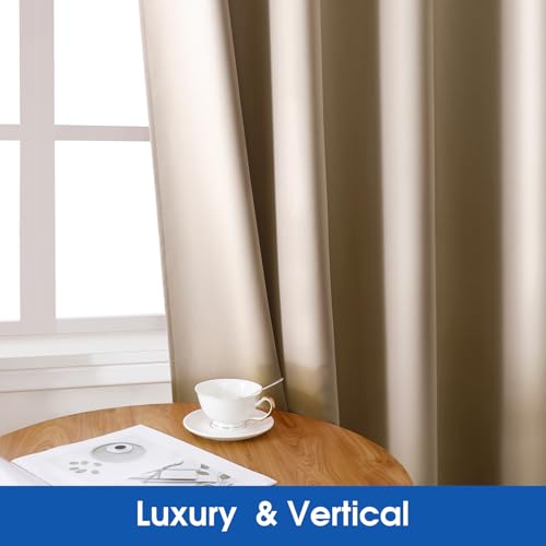 HOMEIDEAS 2 Panels Beige Faux Silk Blackout Curtains, 52 X 84 Inch Room Darkening Satin Thermal Insulated Window Drapes for Bedroom, Indoor,Champagne Gold - Image 4