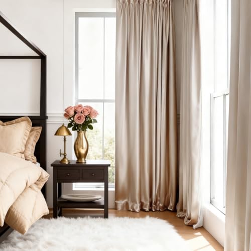 HOMEIDEAS 2 Panels Beige Faux Silk Blackout Curtains, 52 X 84 Inch Room Darkening Satin Thermal Insulated Window Drapes for Bedroom, Indoor,Champagne Gold - Image 2