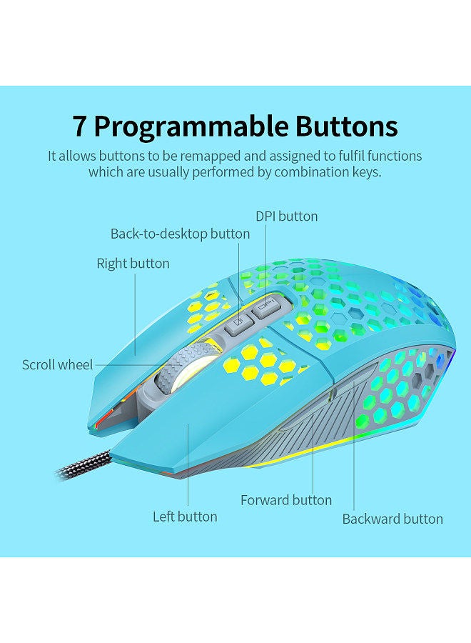 Wired RGB Backlit 8000 DPI Gaming Mouse 7 Programmable Buttons 6 Adjustable DPI Levels Back-to-desktop Button, Blue