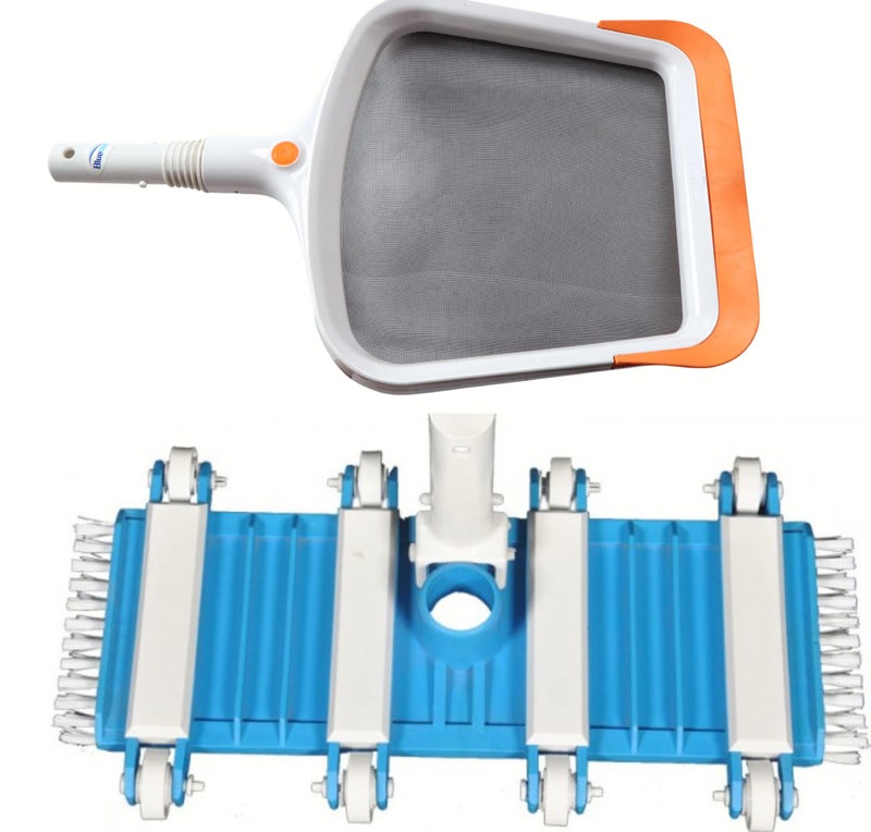 BlueWave-Pool Flexible Vacuum Head with Brush 14 Inch (Blue Colour) and BlueWave Swimming Pool Plastic Leaf Rake Mesh Net Skimmer Clean Swimming Pool Tool Leaf Skimmer Net Cleaning Brush - Image 1