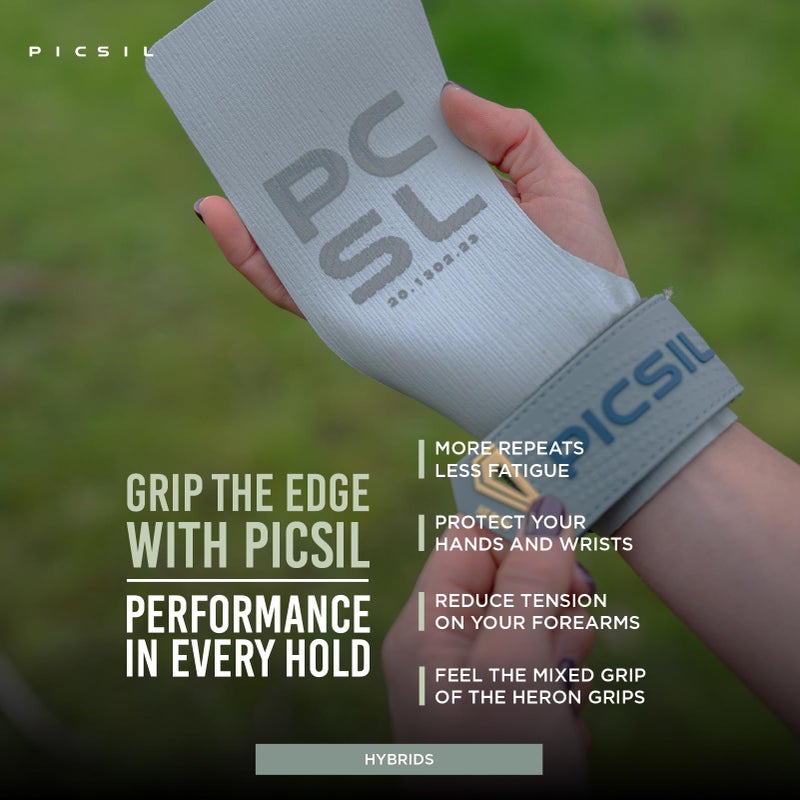 PICSIL - Heron Grips + Wristbands + Carry Bag | Full Hand Protection for Crosstraining & Gym | Use Without Chalk | Hybrid Grip with PU, Aramid & Microfiber | Unisex, Fern, G+ - Image 3