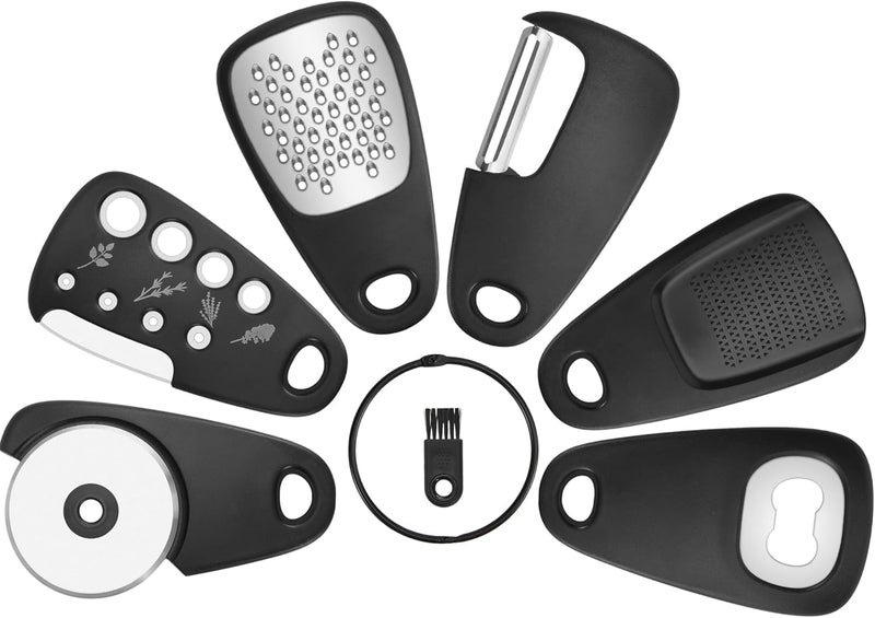 Meneflix Stackable 6pcs Kitchen Gadgets Set Space Saving Cheese Grater Bottle Opener Peeler Pizza Cutter Garlic Grinder Herb Stripper Black - Image 1