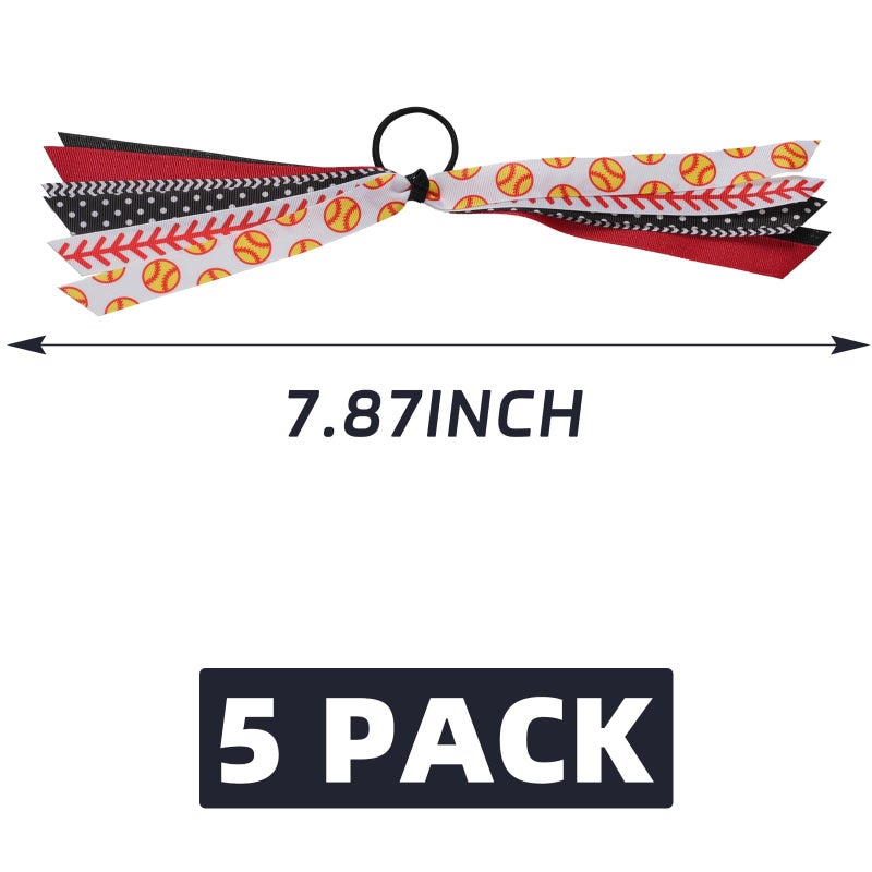 YKW 5 Pack Softball Hair Ties Ribbon Ponytail Holder for Girls - Sports Team Accessories with Baseball Stitching Pattern Scrunchies, Streamers Hair Bows Gift Set for Players, Fans, Mom (Softball) - Image 2