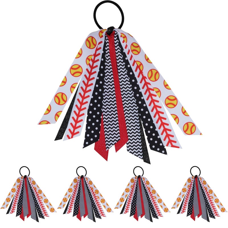 YKW 5 Pack Softball Hair Ties Ribbon Ponytail Holder for Girls - Sports Team Accessories with Baseball Stitching Pattern Scrunchies, Streamers Hair Bows Gift Set for Players, Fans, Mom (Softball) - Image 1
