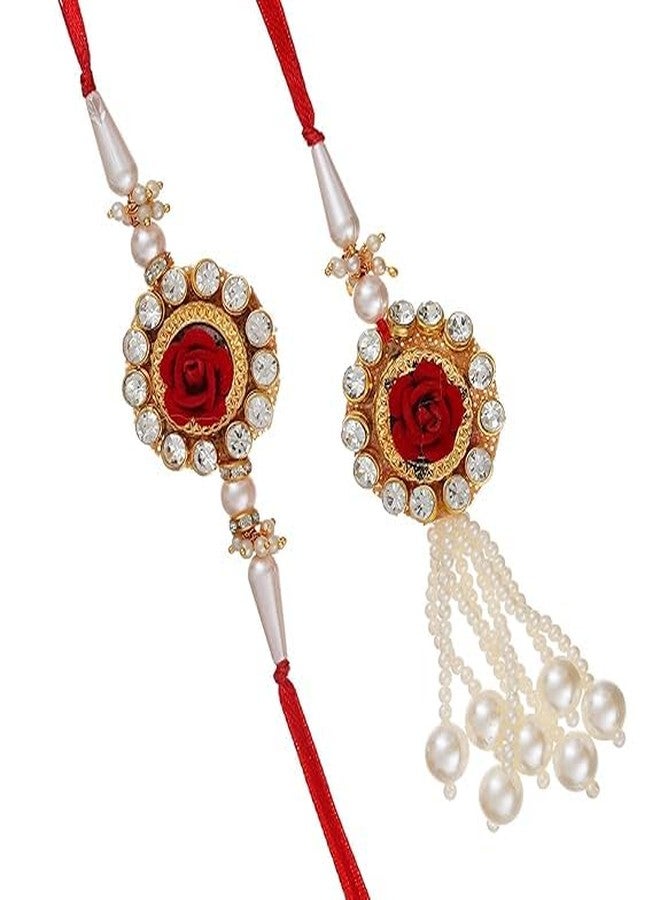 Anishop Bhaiya Bhabhi Rakhis Set with Roli Chawal Pack and Greeting Card - Rakhi for Brother, Bhaiya, Bhai - Lumba Rakhi for Bhabhi, Sister - Traditional Rakhi (Pink)