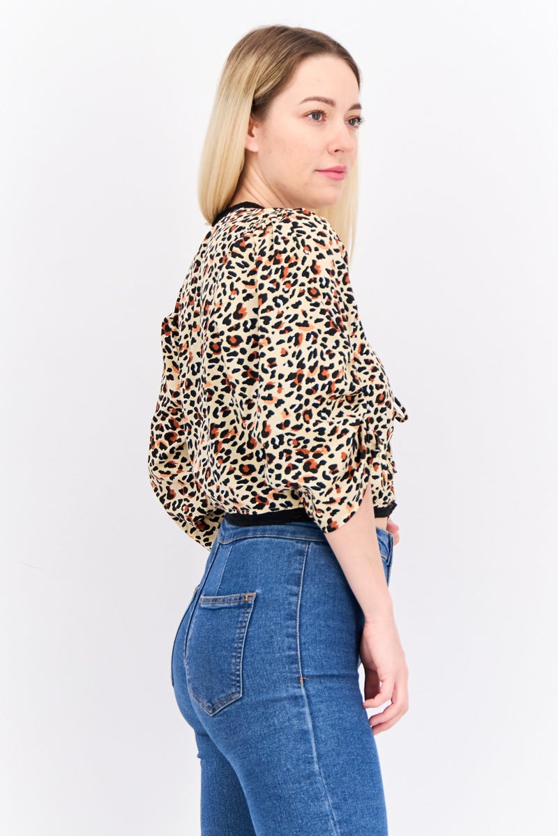 Wednesdays Girl Women Tie Neck Line Elbow Sleeves Animal Print Blouse, Beige - Image 3