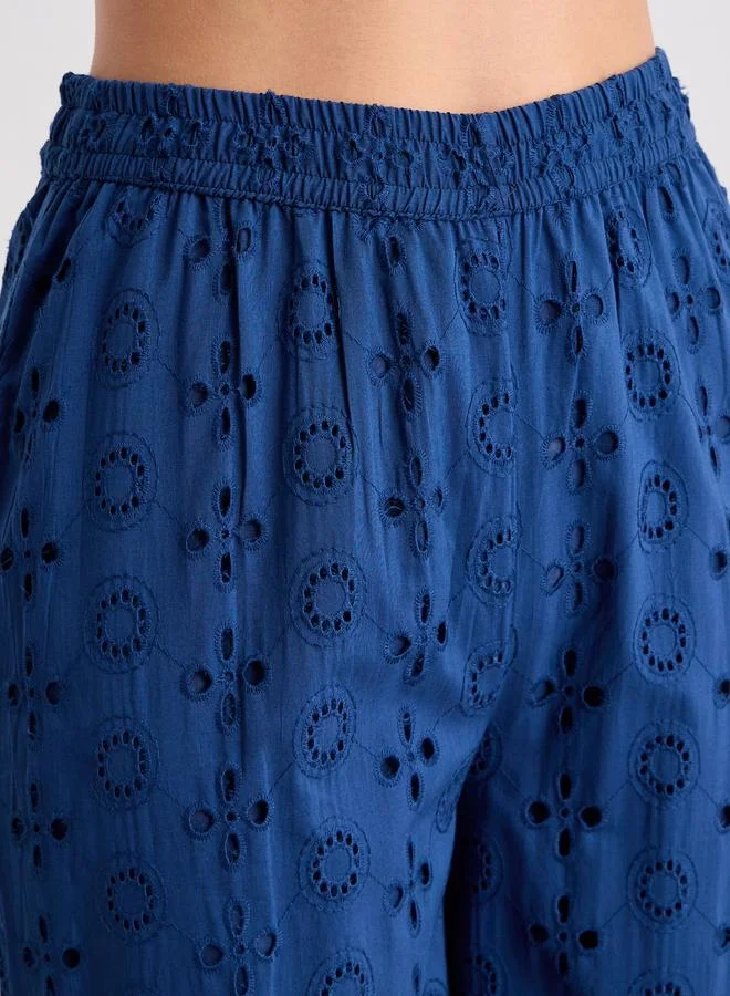 Styli Women Navy Blue Schiffli Shirt and Pants Co-Ords