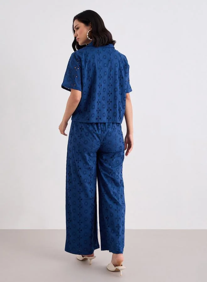 Styli Women Navy Blue Schiffli Shirt and Pants Co-Ords