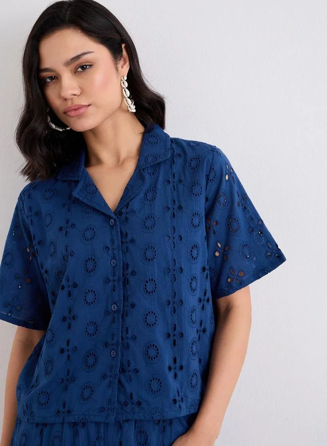 Styli Women Navy Blue Schiffli Shirt and Pants Co-Ords