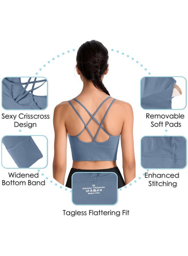 Evercute Cross Back Sport Bras Padded Strappy Criss Cross Cropped Bras for Yoga Workout Fitness Low Impact, ①black White Blue 3 Pack, XXL - Image 4
