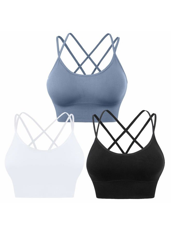 Evercute Cross Back Sport Bras Padded Strappy Criss Cross Cropped Bras for Yoga Workout Fitness Low Impact, ①black White Blue 3 Pack, XXL - Image 1