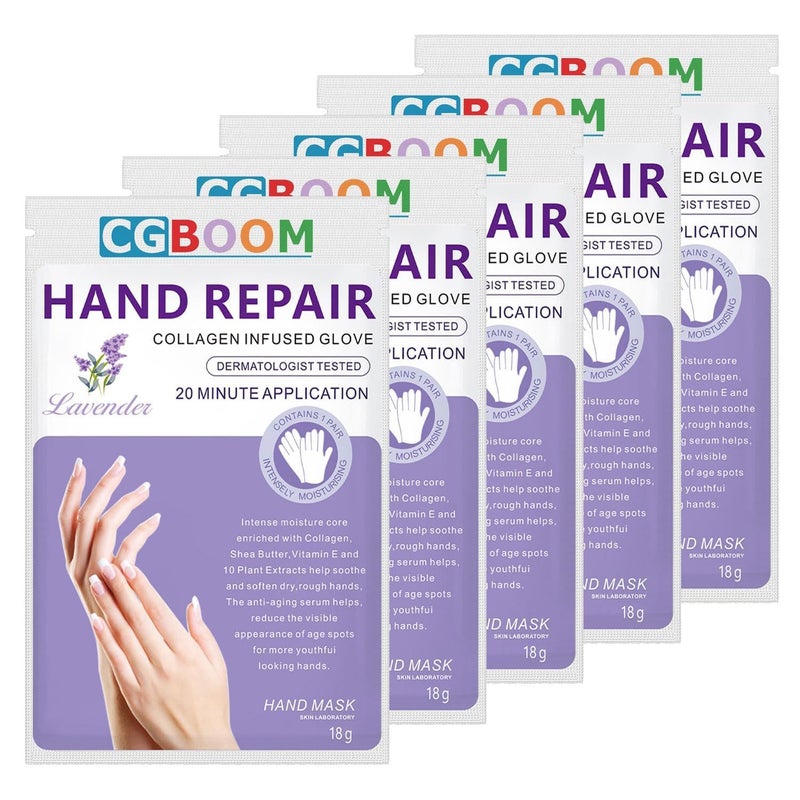 CGBOOM CGBOOM 5 Pairs Hand Masks Moisturizing Gloves, Hand Skin Repair Renew Mask Infused Collagen, Vitamins + Natural Plant Extracts for Dry, Aging, Cracked Hands (Lavender) 
