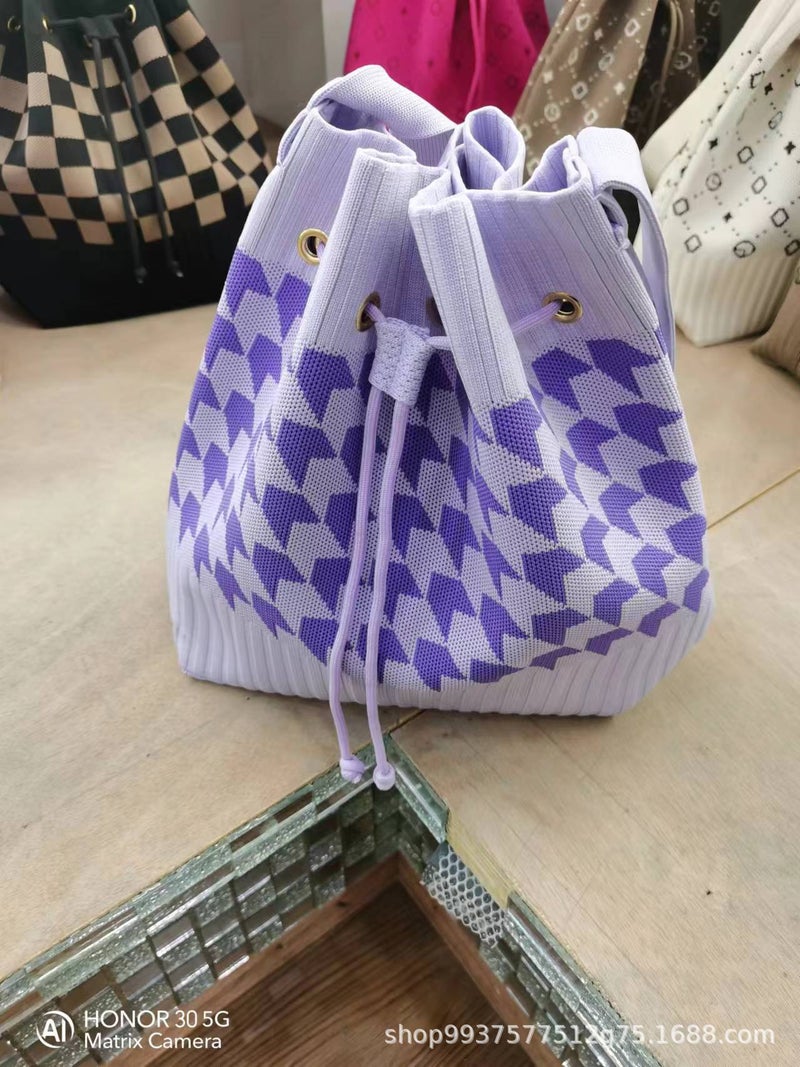 04 New Girly Drawstring Stripesd Knitted Satchel Shoulder Bag Versatile Fashion Stylish Rest Trendyy Bag Diagonal - Image 1