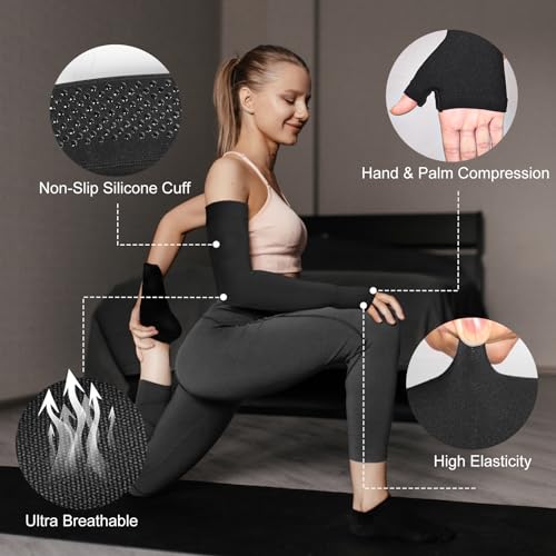 Hiball Lymphedema Medical Compression Arm Sleeve with Gauntlet, 20-30 mmHg Graduated Compression Full Arm Support for Women Men, Long Pressure Arm Hand Brace for Arthritis, Bursitis, Edema, Nerve Pain - Image 4