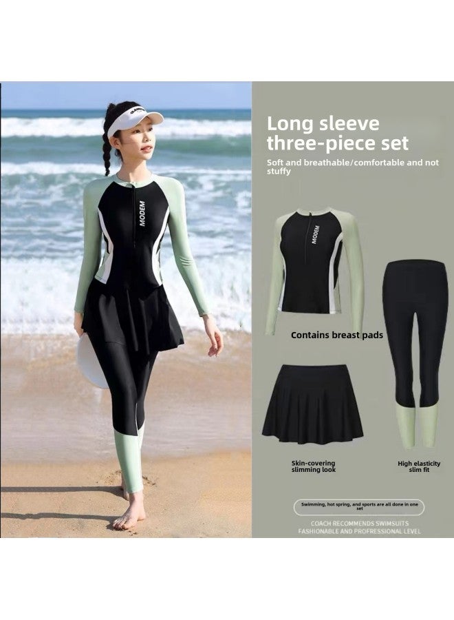 Generic Swimwear Women's Split Three-piece Sunscreen Long-sleeved Trousers Diving Conservative Women's Hot Spring Swimwear-Color:Black Green-Size: (recommended 62.5-80kg )  - Image 1