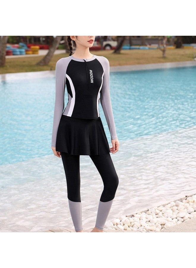 Generic Swimwear Women's Split Three-piece Sunscreen Long-sleeved Trousers Diving Conservative Women's Hot Spring Swimwear-Color:Black Green-Size: (recommended 62.5-80kg )  - Image 4