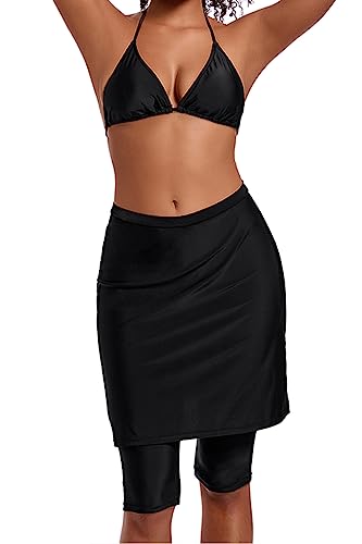 Micosuza Womens Skirted Swim Capris Sun Protective UPF 50+ Swimming Tight with Attached Skirt Sport Leggings Black - Image 4